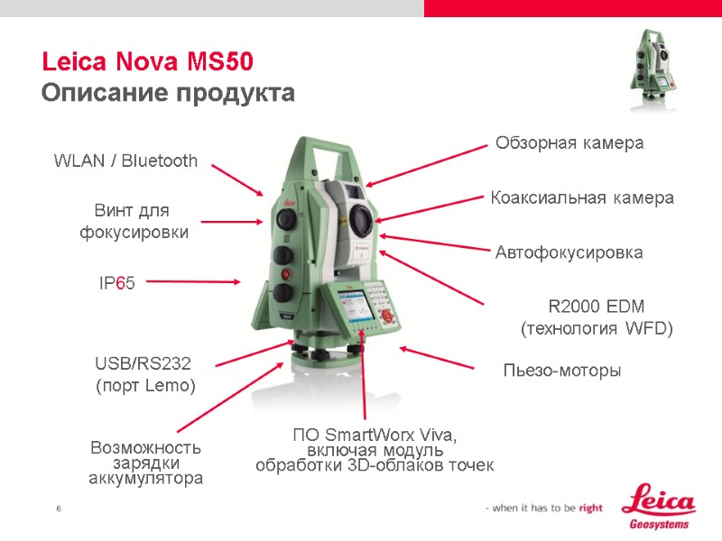 Leica Nova MS50 Описание продукта  Коаксиальная камера Автофокусировка R2000 EDM (технология WFD) Пьезо-моторы